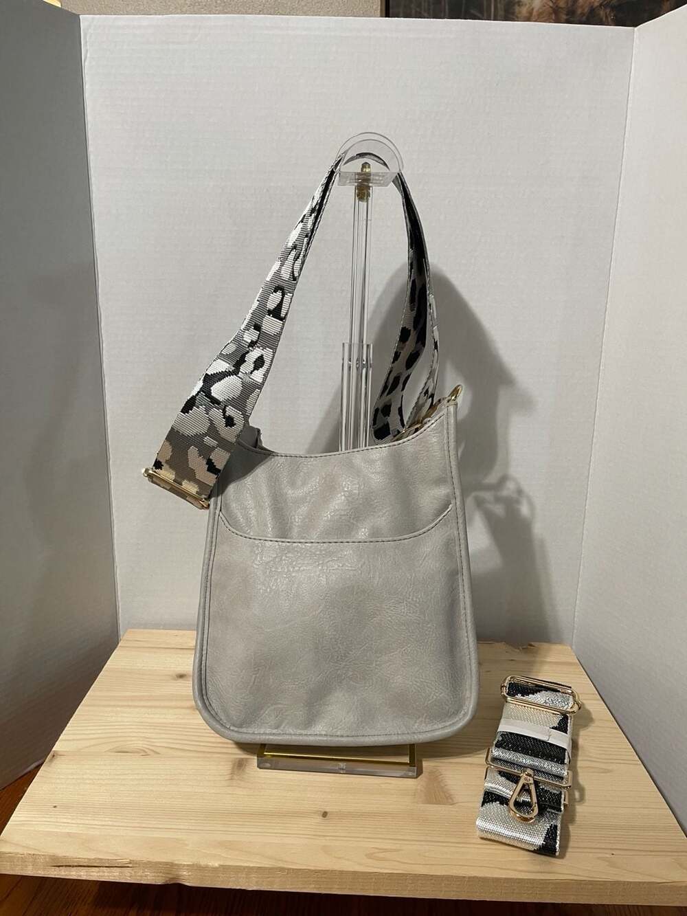 AHDORNED Medium Faux Leather Crossbody with Extra Strap in Light Grey